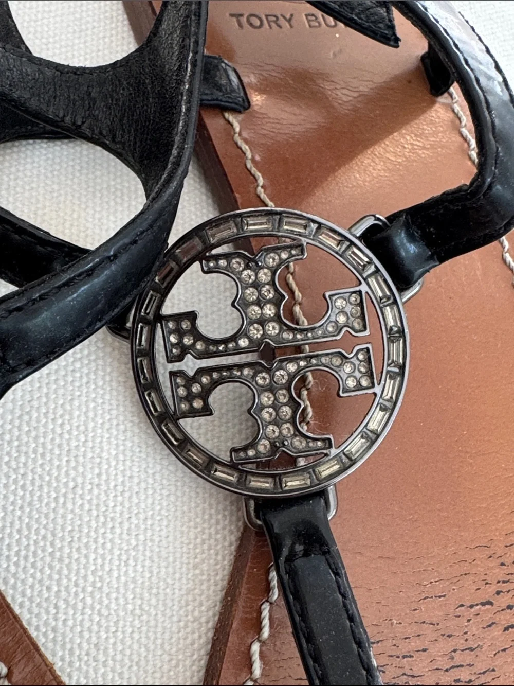 Tory Burch Violet Thong Sandals black leather rhinestone logo medallion detail 8